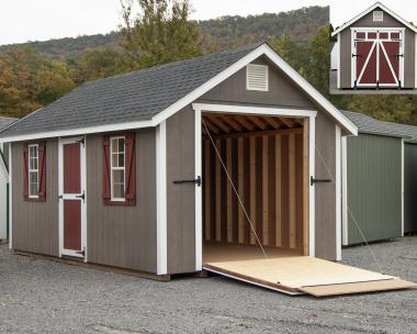 10x20 Cape Cod Storage Shed with Rampage Door shown open and closed